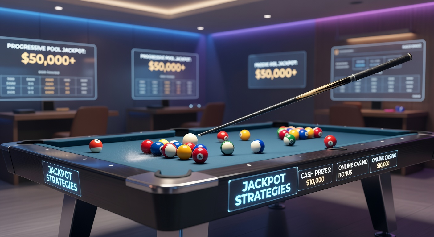 Spieler am virtuellen Billardtisch mit explodierendem Jackpot-Effekt und fallenden Cash-Preisen, der Strategien und Erfolge visualisiert