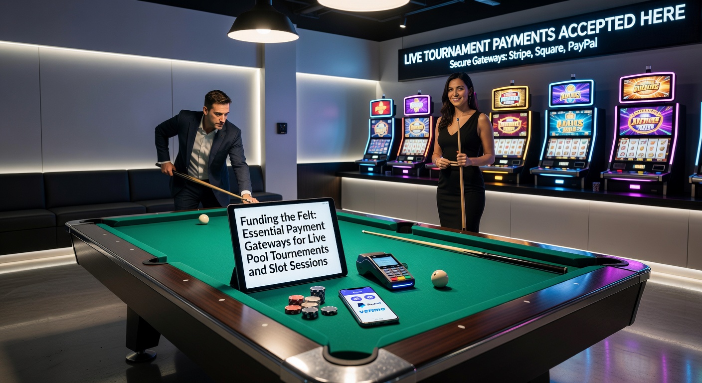 Live-Pool-Turnier mit Spielern am grünen Filz und digitalen Zahlungsoptionen im Vordergrund, die schnelle Transaktionen für Einsätze und Gewinne symbolisieren