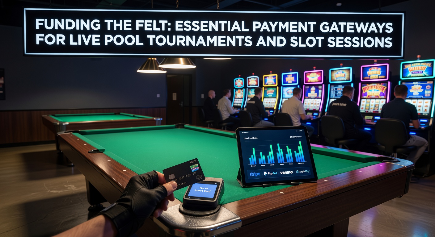 Digitale Wallet-Apps und Krypto-Symbole neben einem Slot-Automaten und Pool-Queue, die vielfältige Zahlungsströme für Echtzeit-Gaming illustrieren