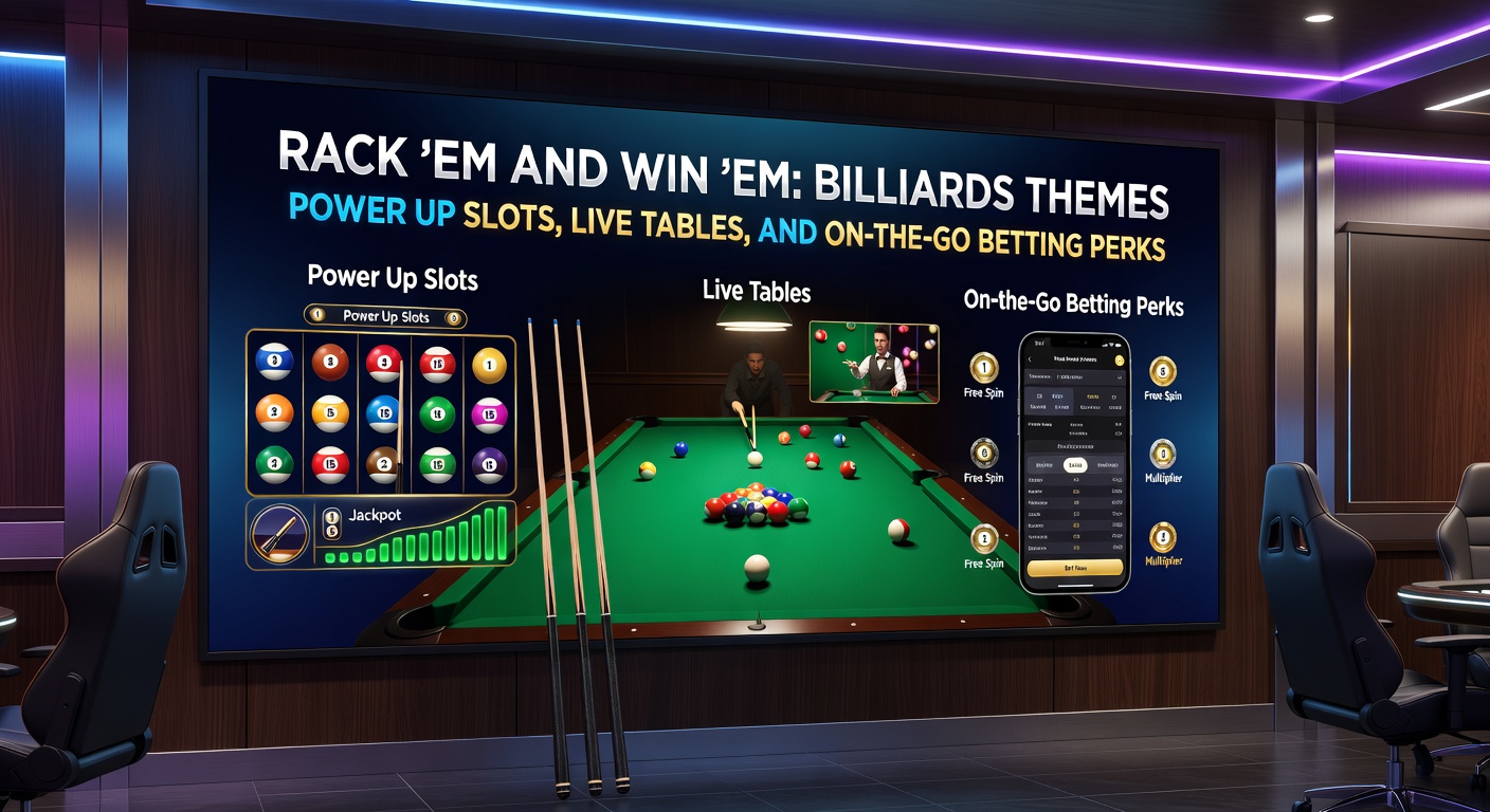 Lebendiger Live-Billiard-Tisch mit Dealer, umgeben von Slot-Symbolen und mobilen Geräten für On-the-Go-Wetten