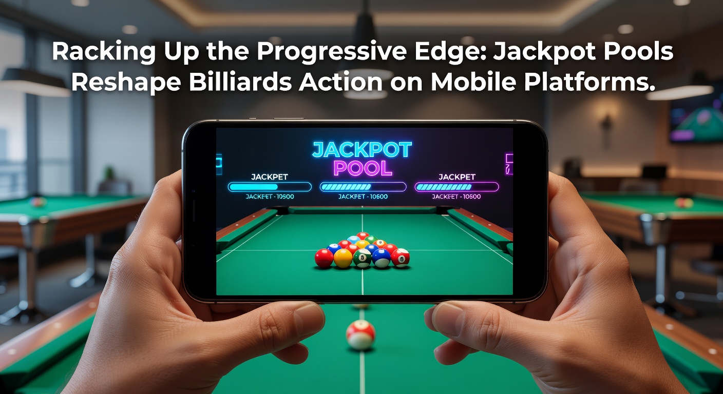 Gruppe von Spielern auf Smartphones, die um einen gemeinsamen progressiven Jackpot-Pool konkurrieren, mit animierten Billardkugeln und steigenden Zahlen im Hintergrund